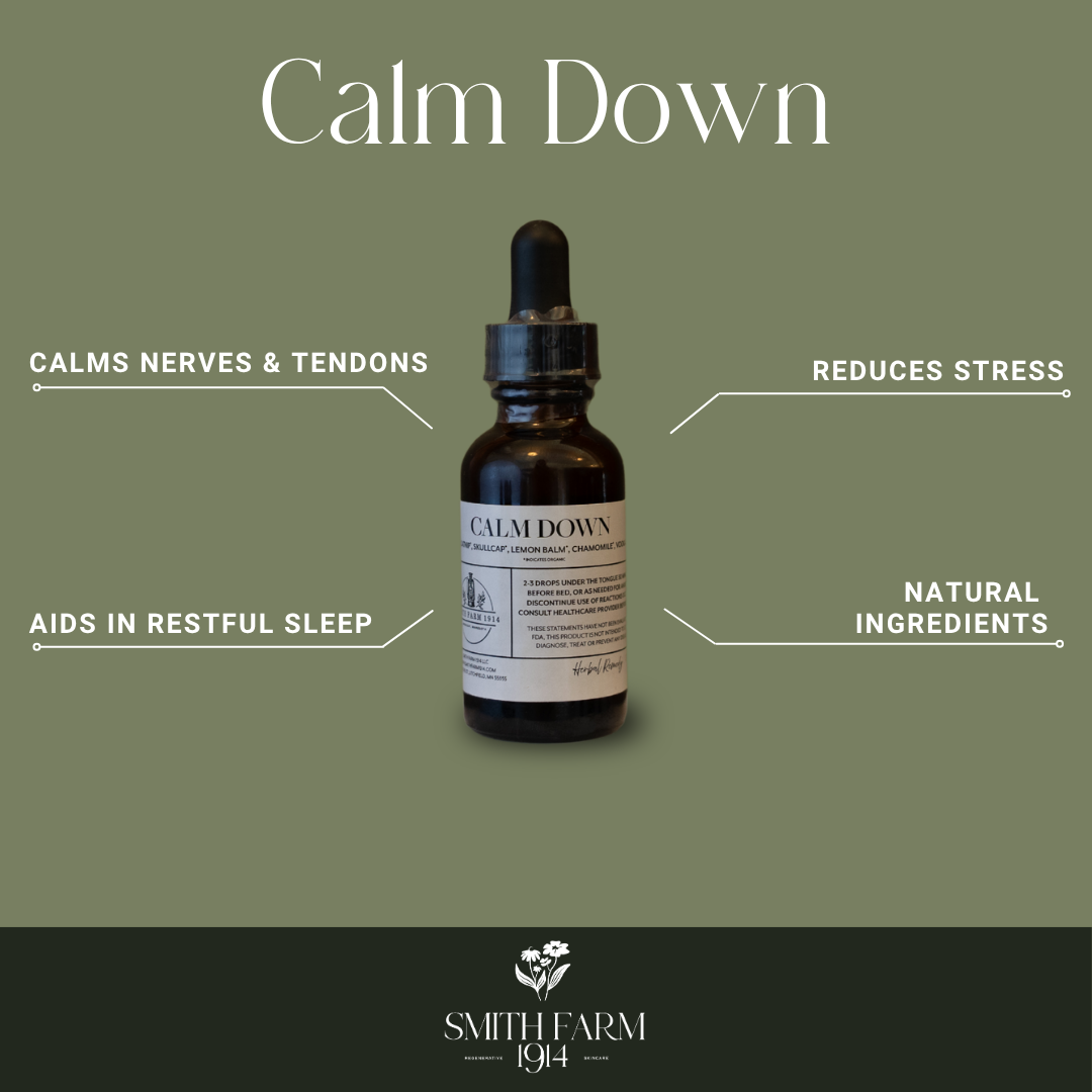 Bottle of 'Calm Down' supplement with text on a green background, featuring the brand 'Smith Farm 194'.