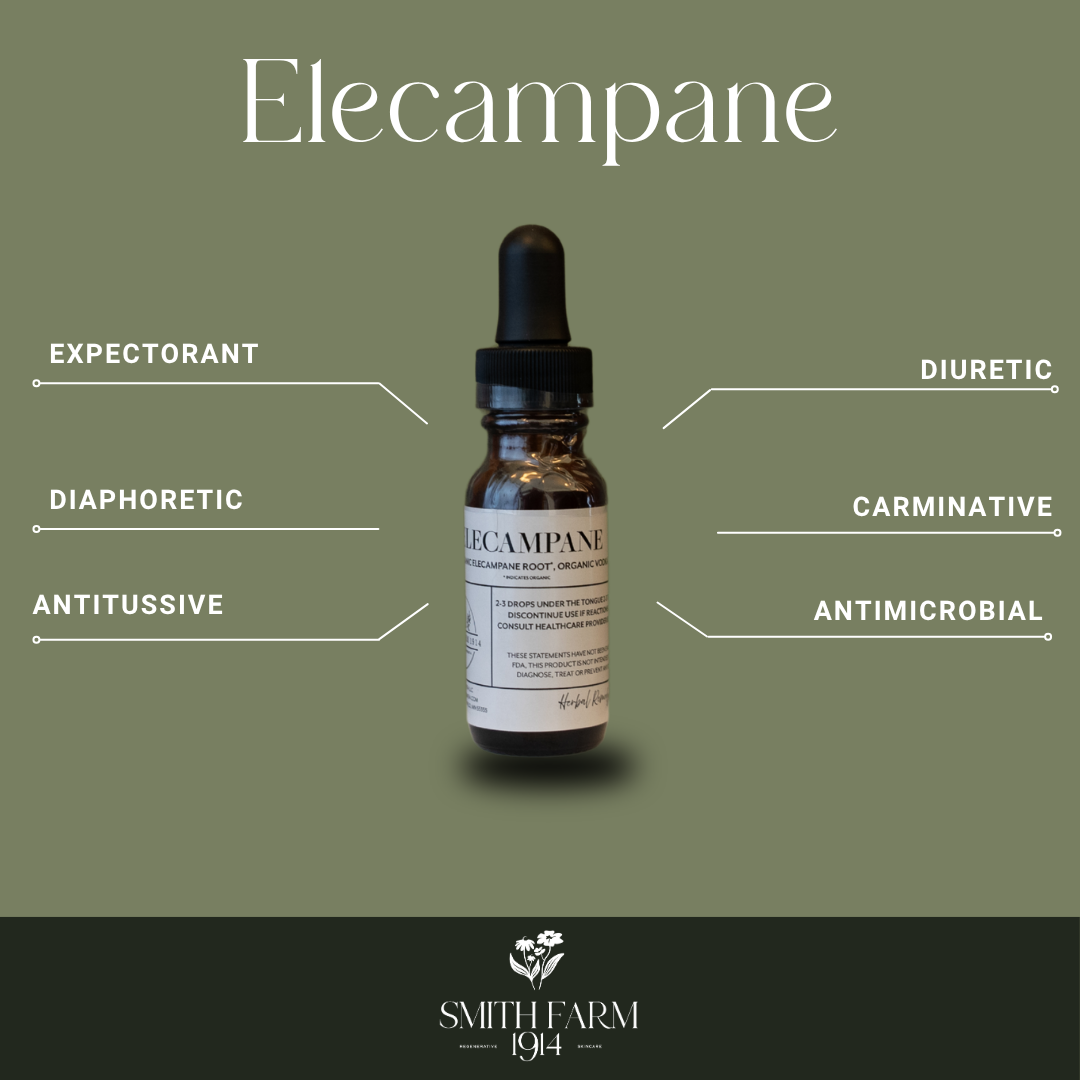 Bottle of Elecampane extract with therapeutic benefits listed on a green background, featuring the brand 'Smith Farm 1914'.