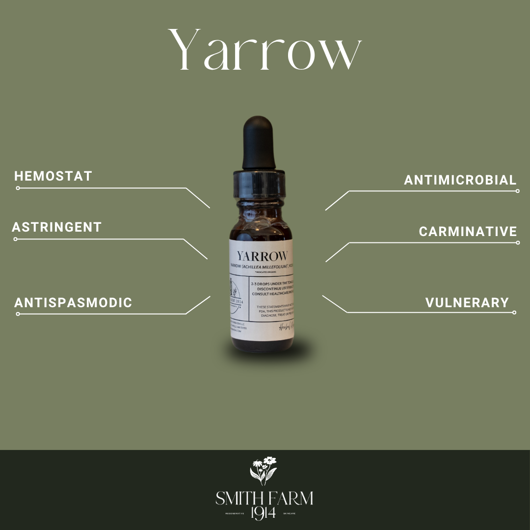 Yarrow dropper bottle with therapeutic benefits on a green background, featuring Smith Farm 1944 branding.