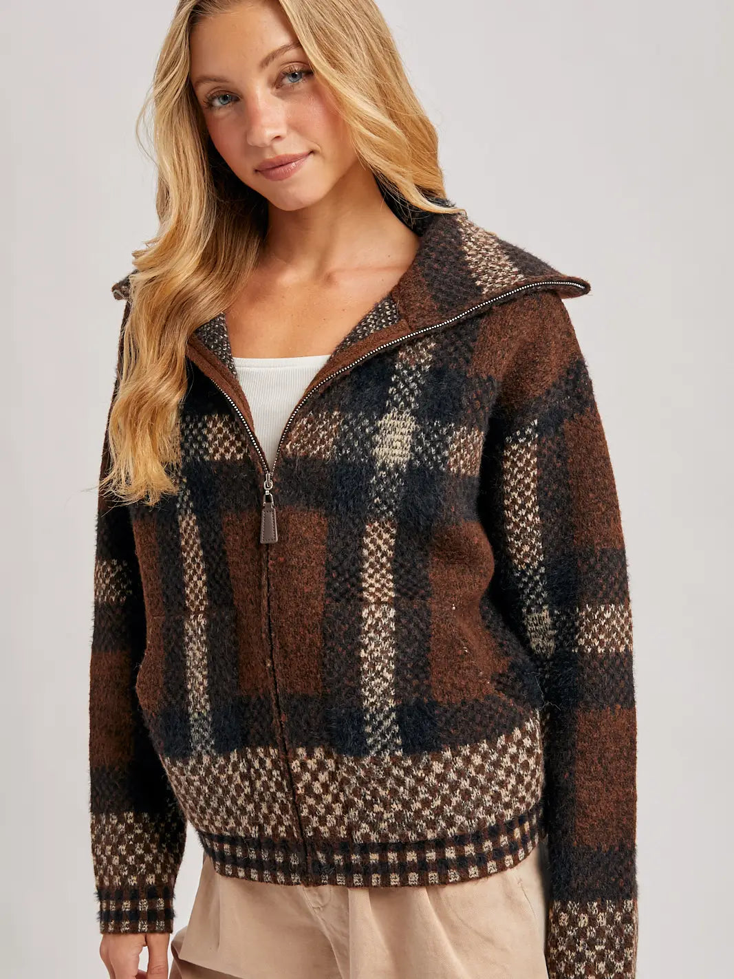 Plaid Zipper Front Wide Collar Fuzzy Knit Sweater Jacket
