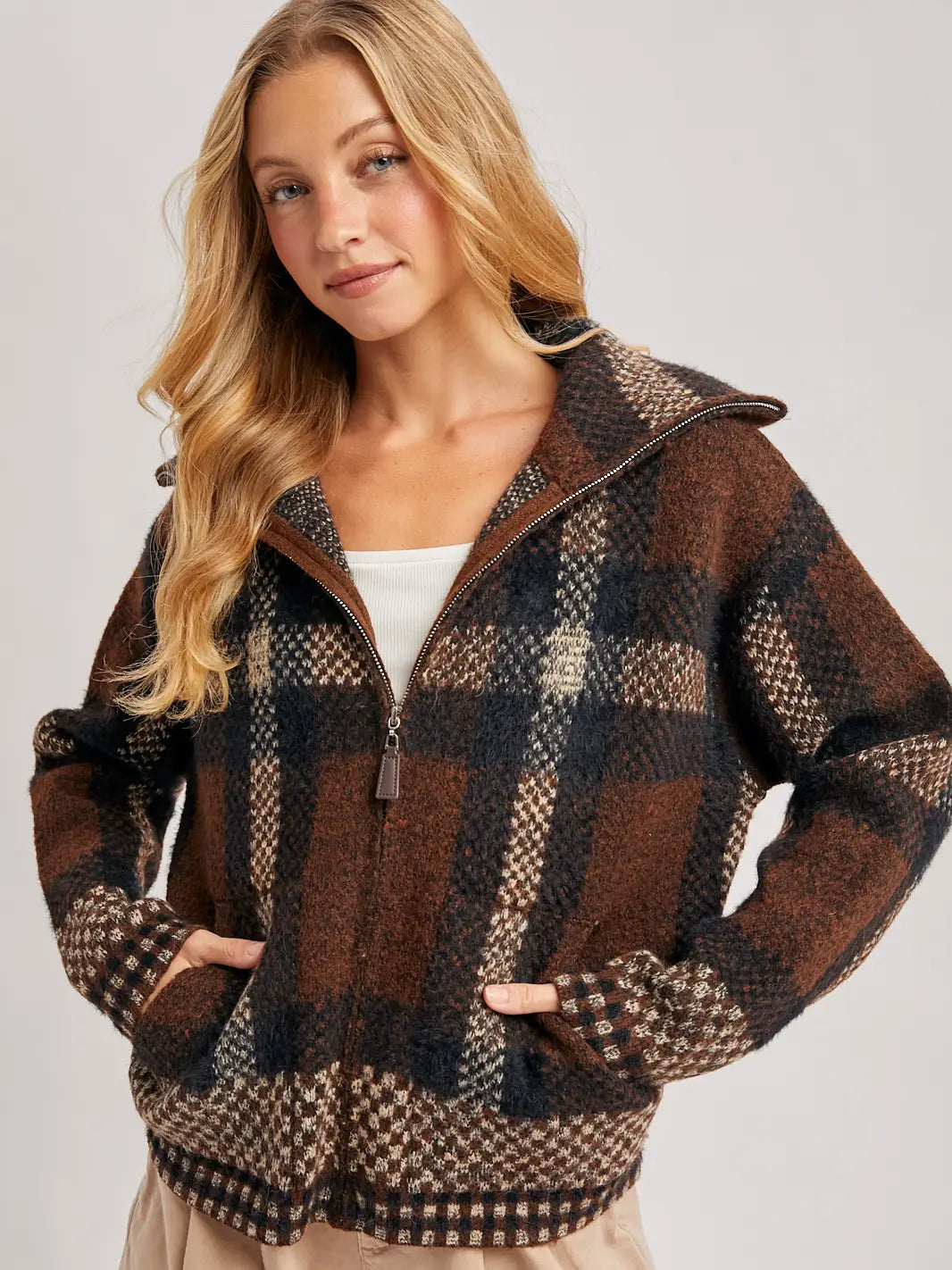 Plaid Zipper Front Wide Collar Fuzzy Knit Sweater Jacket