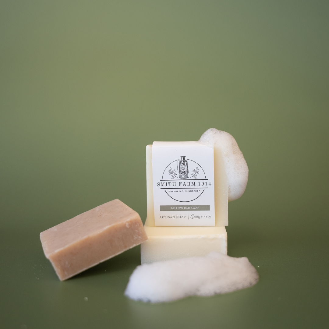 Bar of soap with a Smith Farm 1914 label on a green background