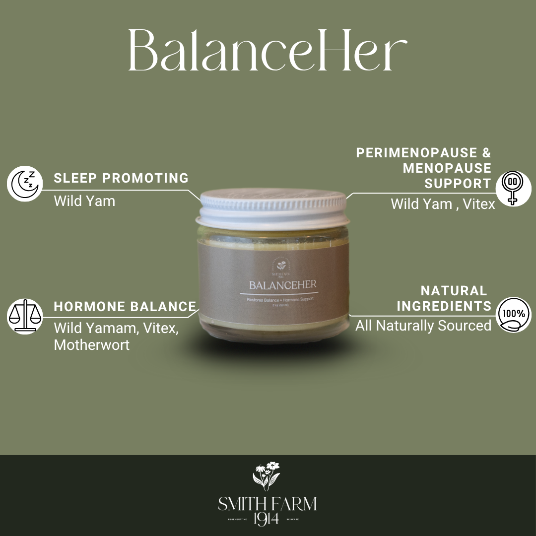 BalanceHer product jar with features on a green background