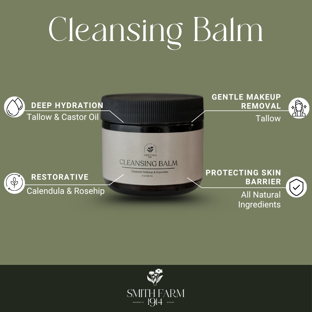 Cleansing balm jar with features on a green background, featuring Smith Farm 1944 logo.