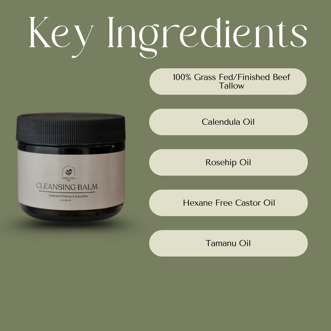 Cleansing balm with key ingredients listed on a green background