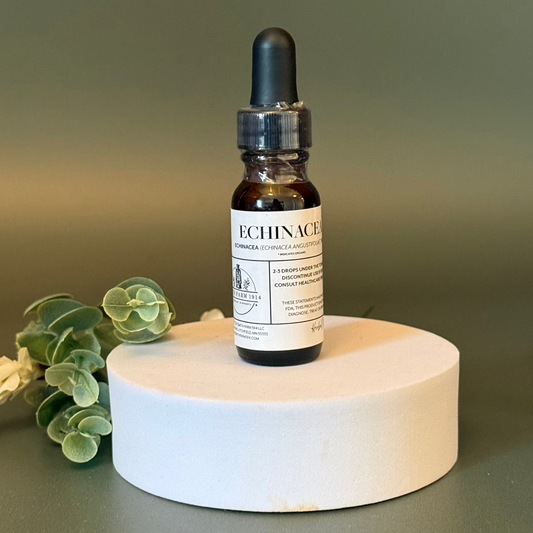 Bottle of Echinacea tincture on a white stand with a green background