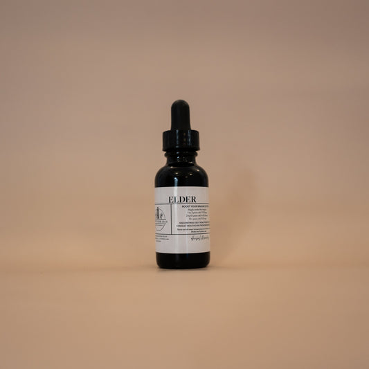 A bottle of Elder tincture with a dropper, set against a plain background.