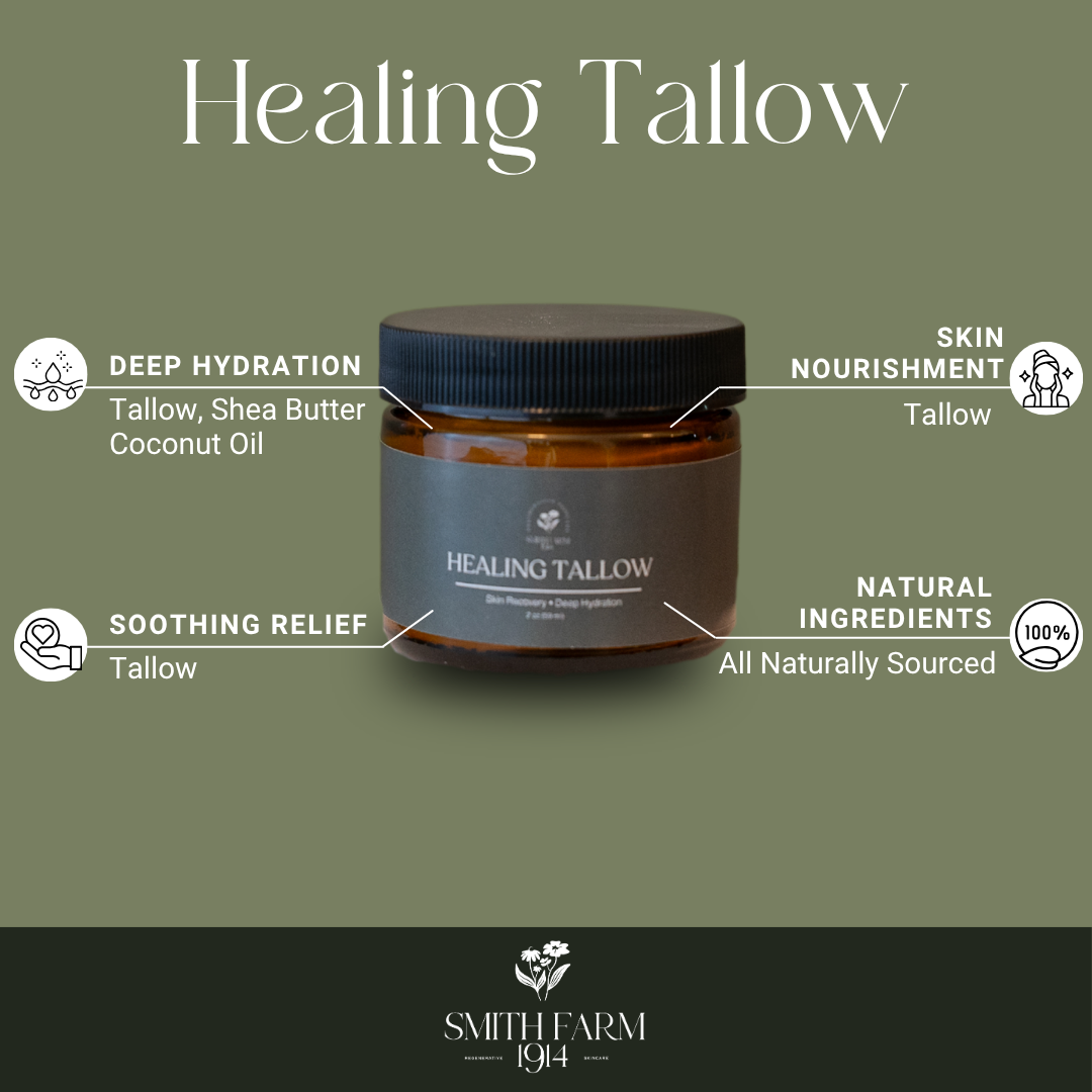 Healing Tallow jar with features and ingredients on a green background