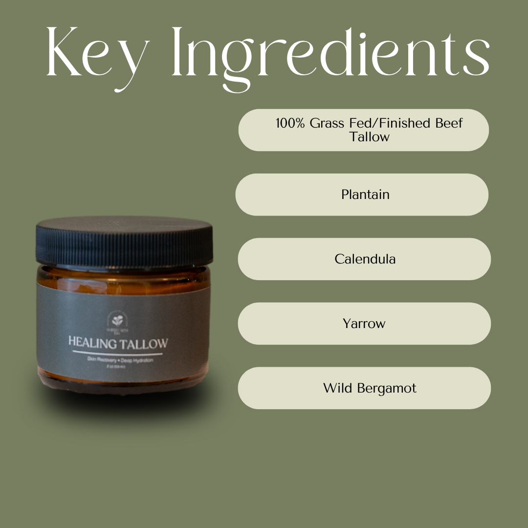 Healing tallow jar with key ingredients listed on a green background