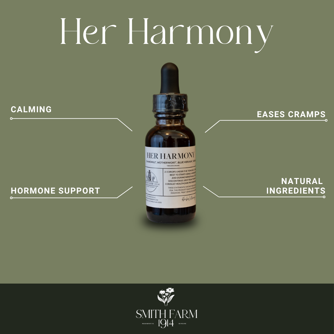 Her Harmony bottle with features on a green background, featuring Smith Farm 1914 branding.