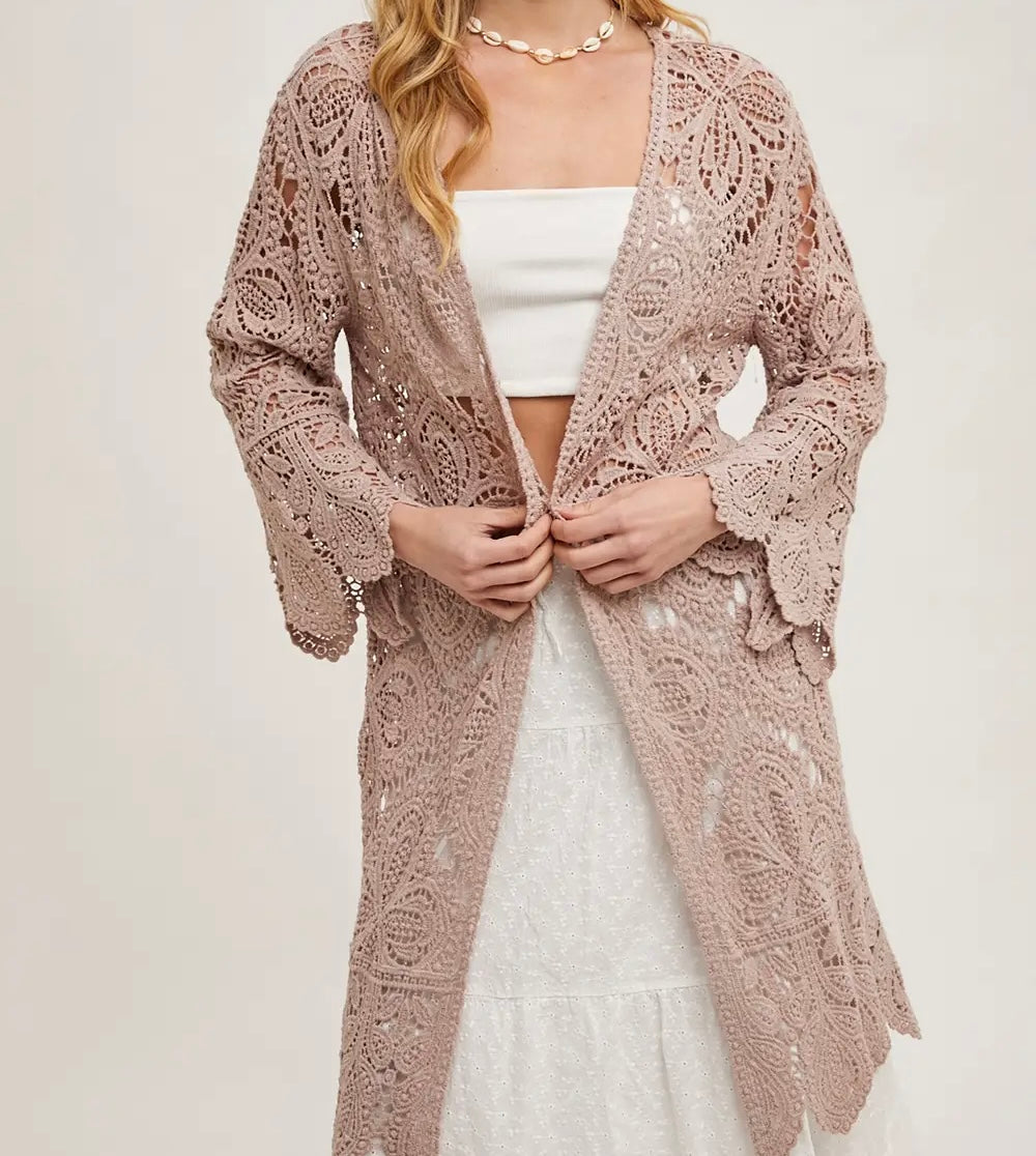 Crochet Open Front Bell Sleeved Cardigan