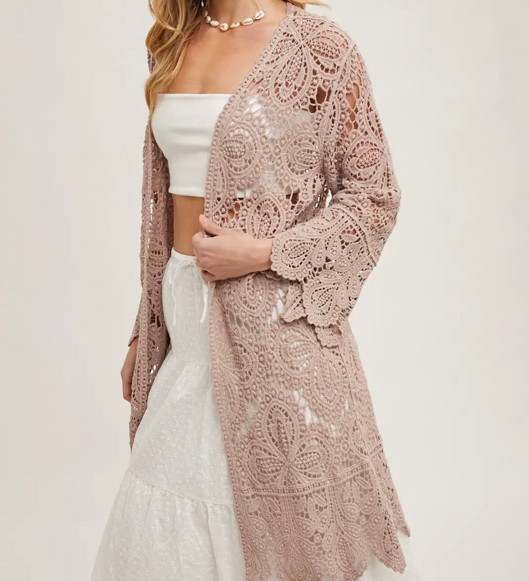 Crochet Open Front Bell Sleeved Cardigan