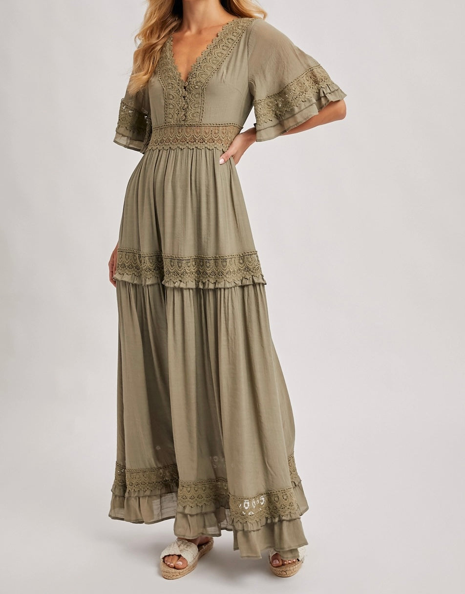V-Neck Lace Trim Maxi Dress