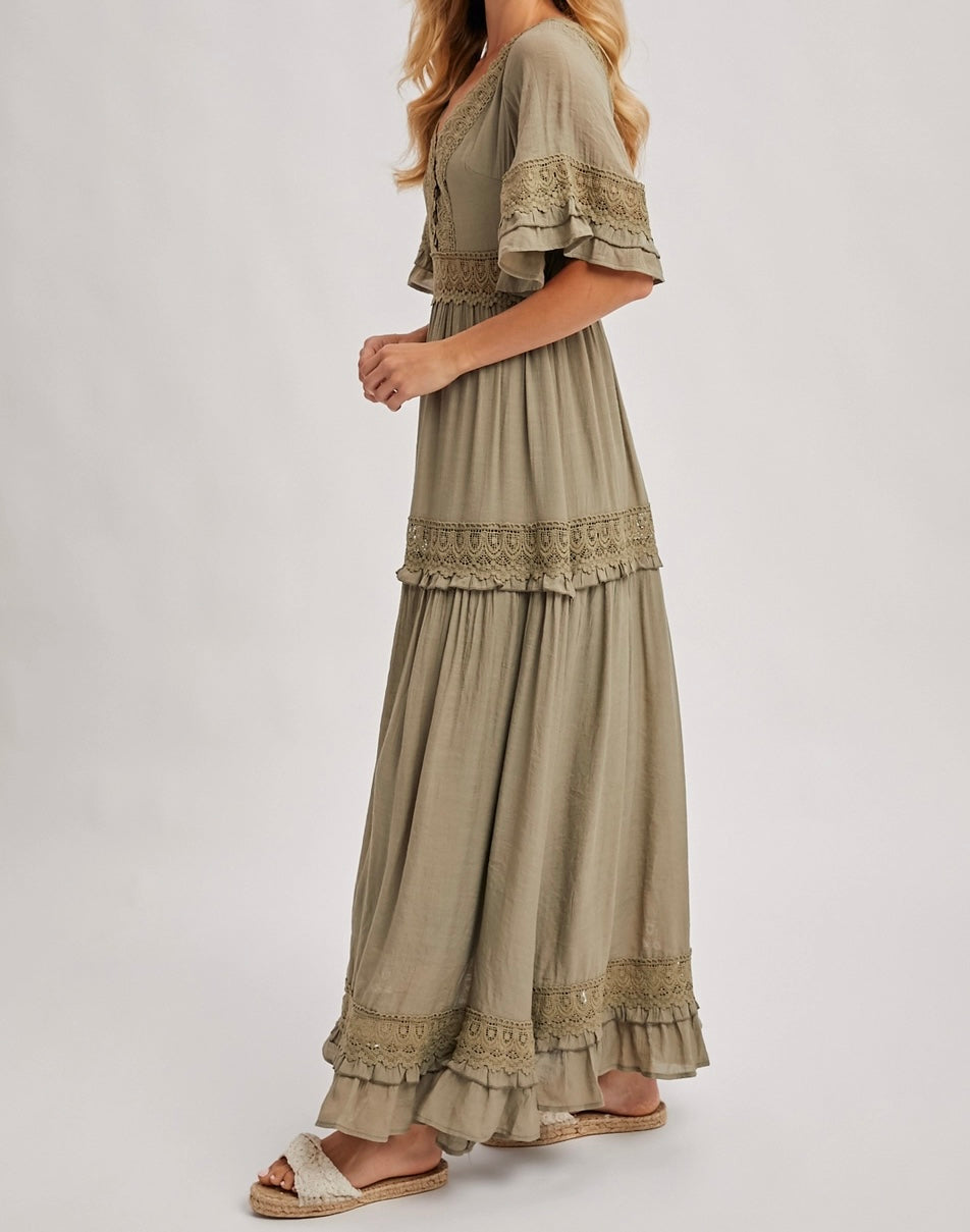 V-Neck Lace Trim Maxi Dress