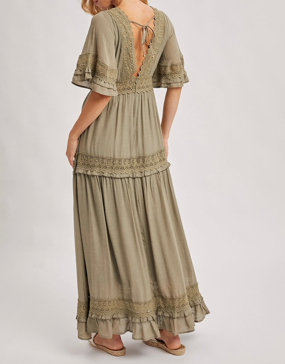V-Neck Lace Trim Maxi Dress