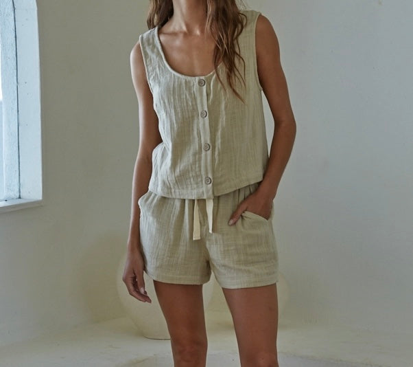 Woven Cotton Button Down Round Neck Sleeveless Tank