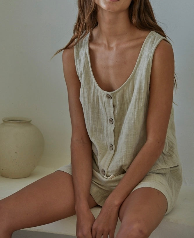 Woven Cotton Button Down Round Neck Sleeveless Tank