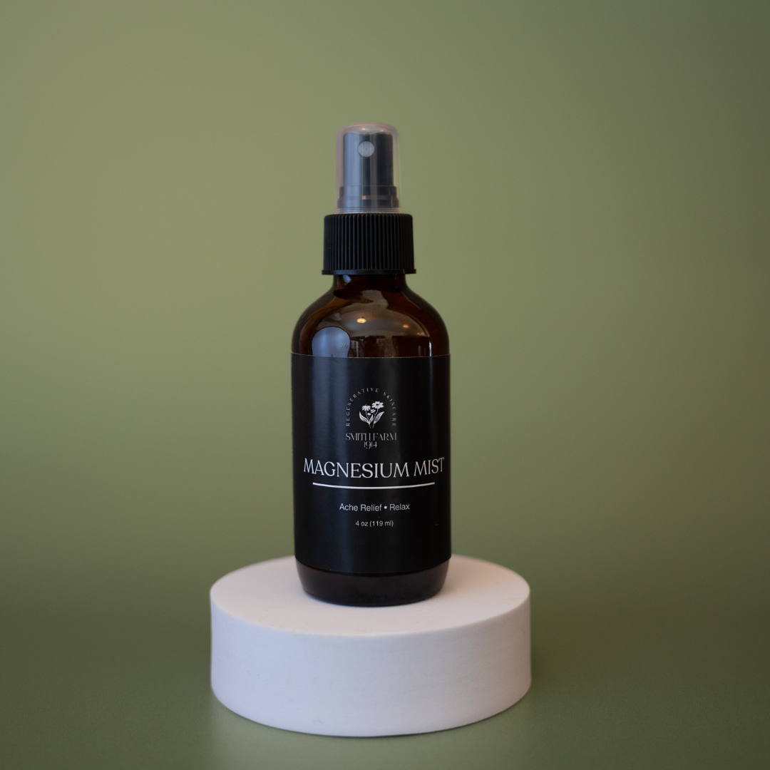 Bottle of magnesium mist on a white pedestal against a green background