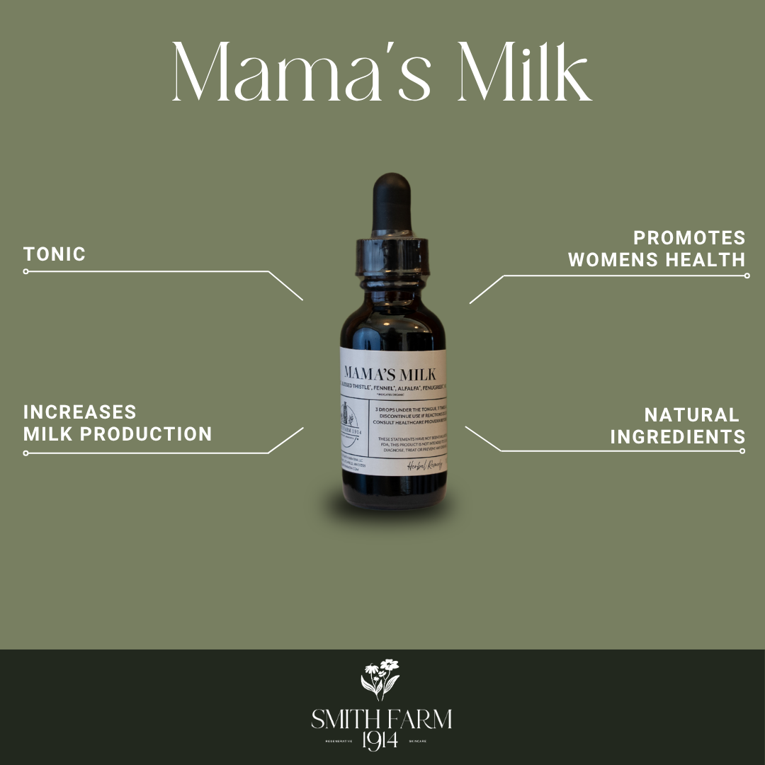 Bottle of 'Mama's Milk' with text on a green background, featuring the brand 'Smith Farm 194'.
