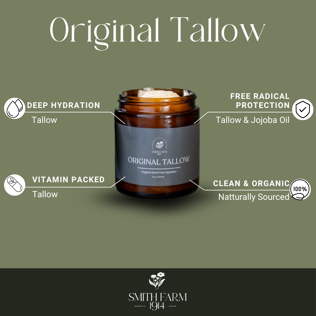 Jar of 'Original Tallow' with benefits listed on a green background
