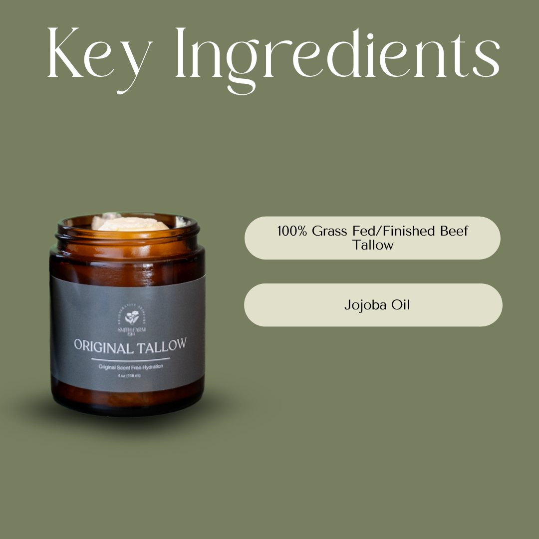 Jar of Original Tallow with key ingredients listed on a green background