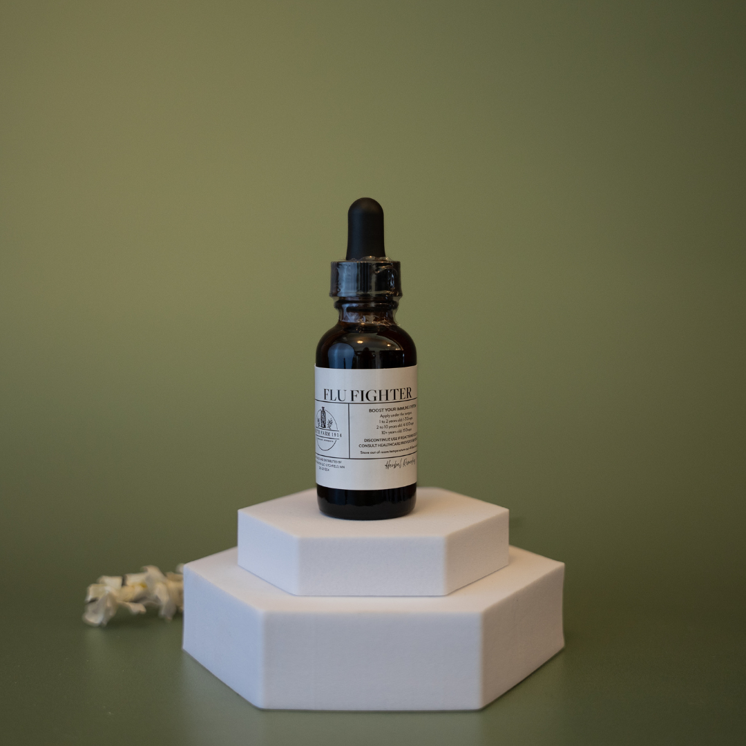 Bottle of 'Flu Fighter' on a white hexagonal stand against a green background