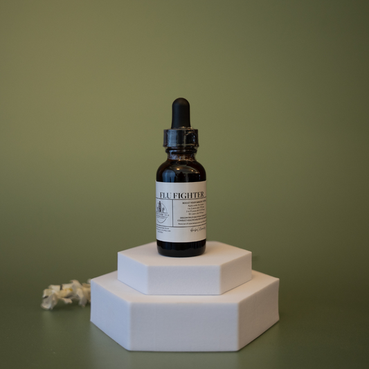 Bottle of 'Flu Fighter' on a white hexagonal stand against a green background