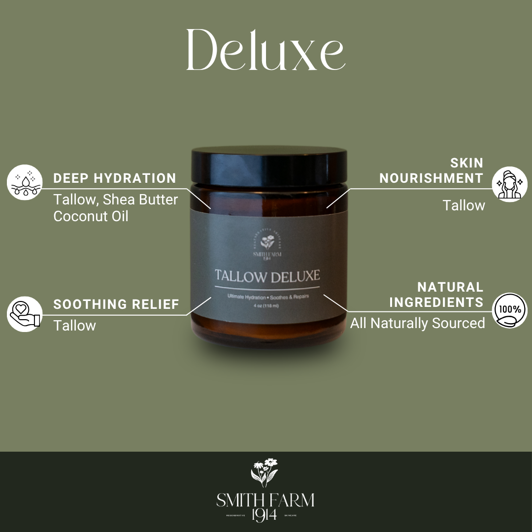 Tallow Deluxe jar with features on a green background, featuring Smith Farm branding.