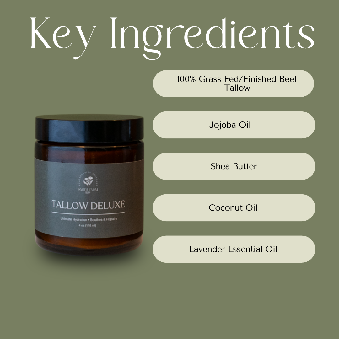 Tallow Deluxe jar with key ingredients listed on a green background