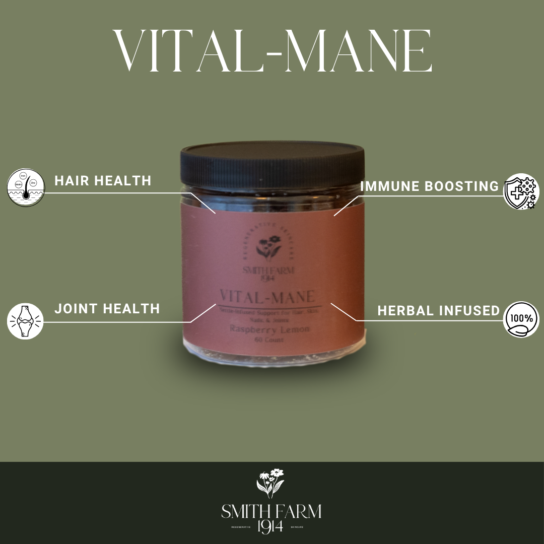 Jar of 'Vital-Mane' with health benefits listed on a green background