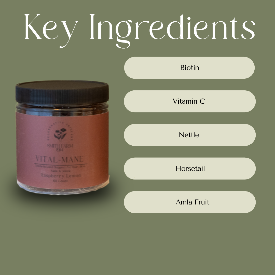 Jar of 'Vital Mane' hair product with key ingredients listed on a green background