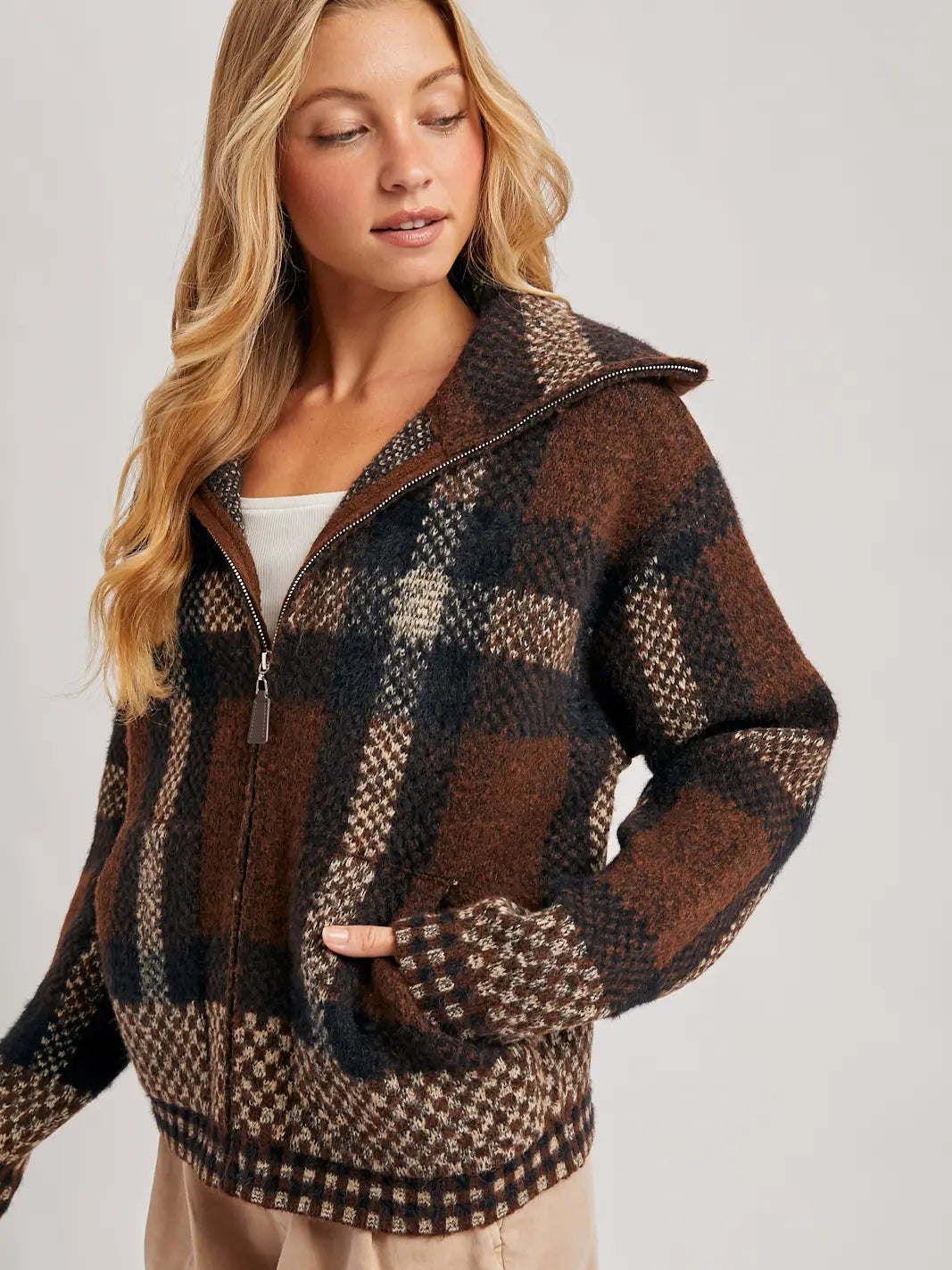 Plaid Zipper Front Wide Collar Fuzzy Knit Sweater Jacket